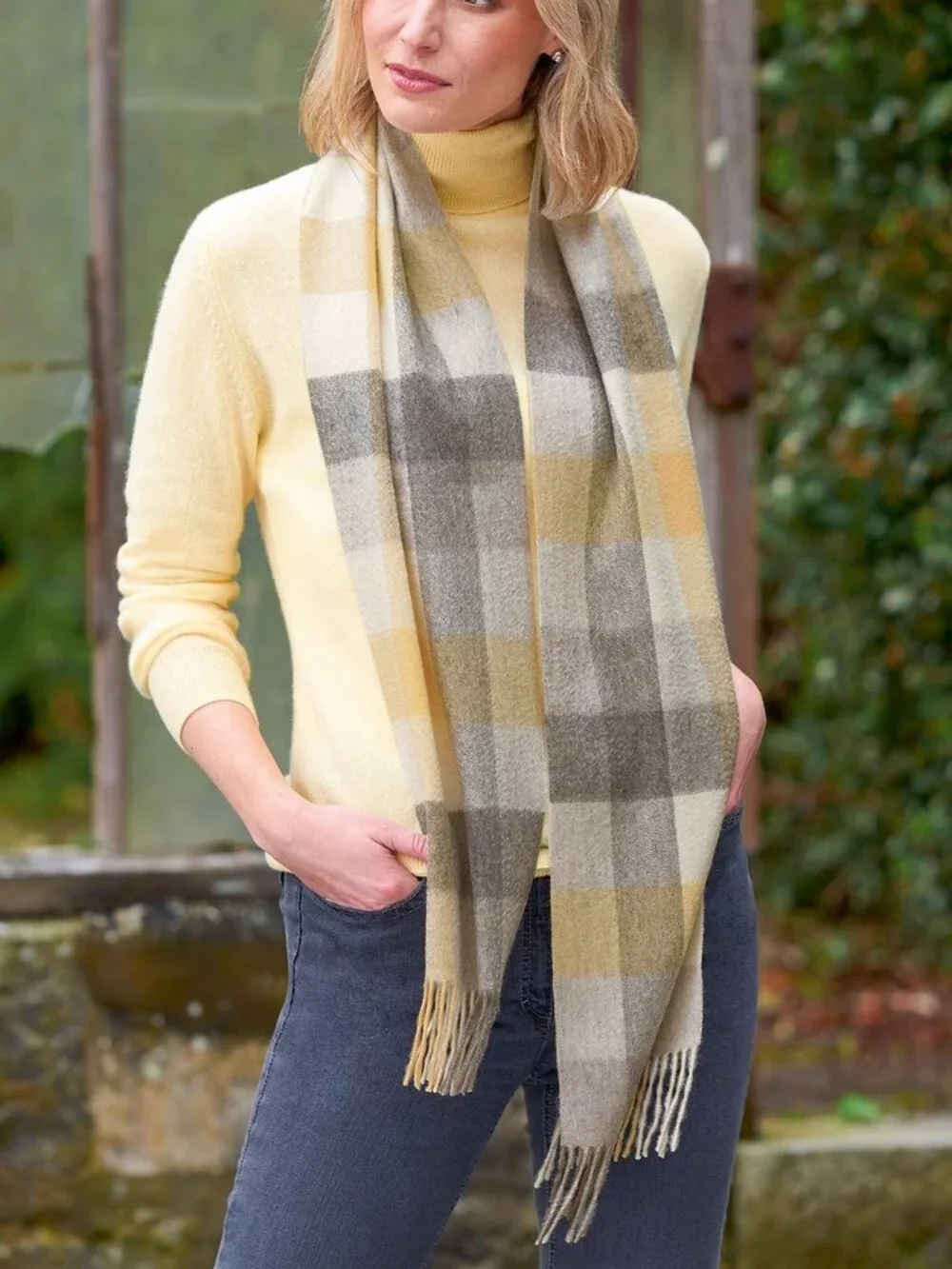 NWOT Cashmere Scarf Plaid Yellow Grey & Creme House of Bruar